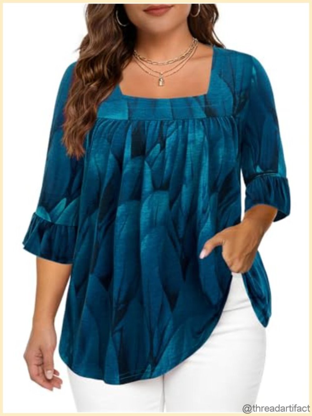 Plus Size Tunic Top 3/4 Ruffle Sleeve Square Neck Flowy Blouse